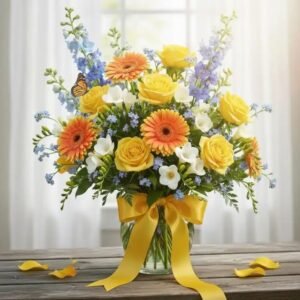 A luxury yellow and purple flower bouquet decorated with delicate gold and purple butterflies in a premium wrap.
